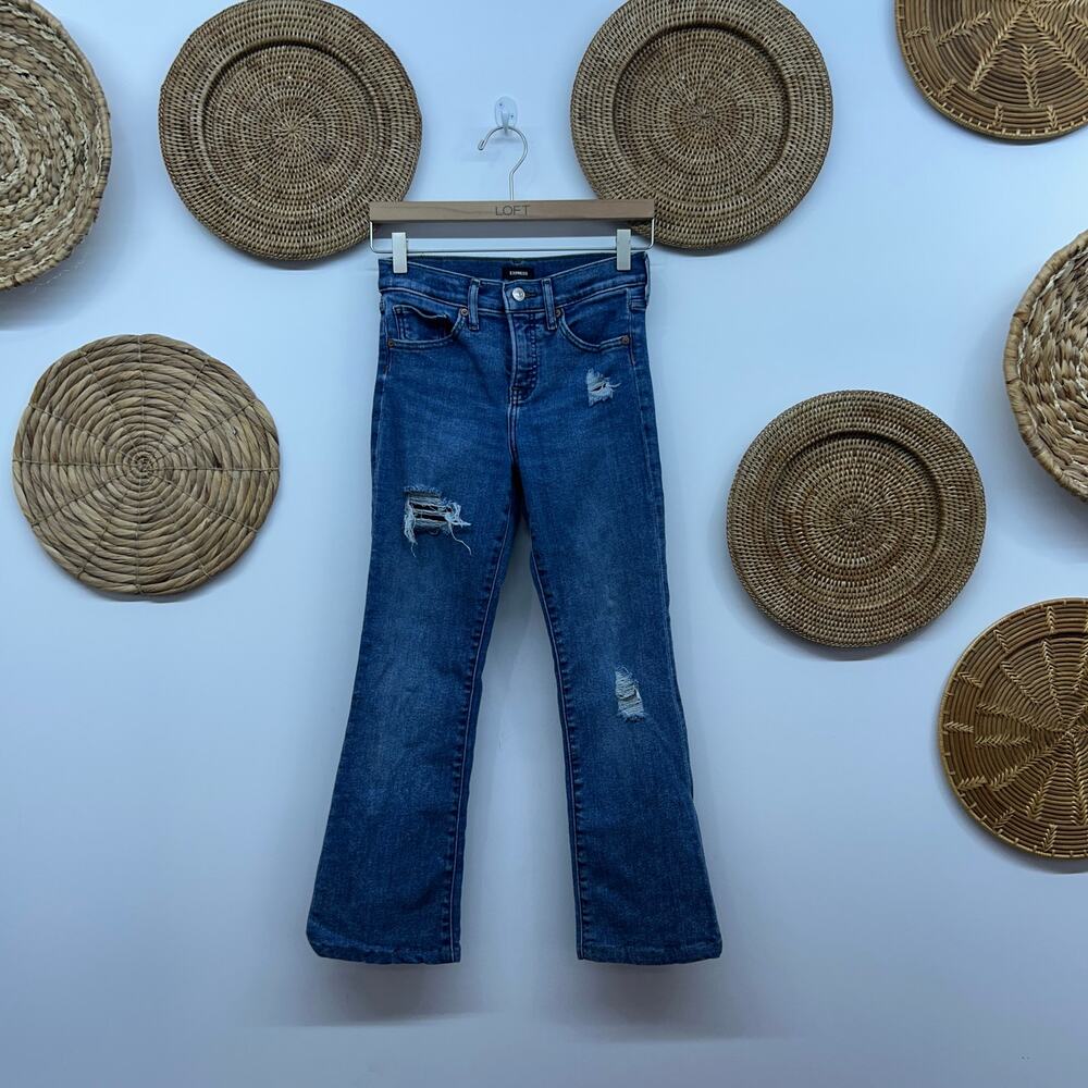 Express Blue Distressed Mid Rise Boot Cut Jeans Denim 2S 2 SHORT